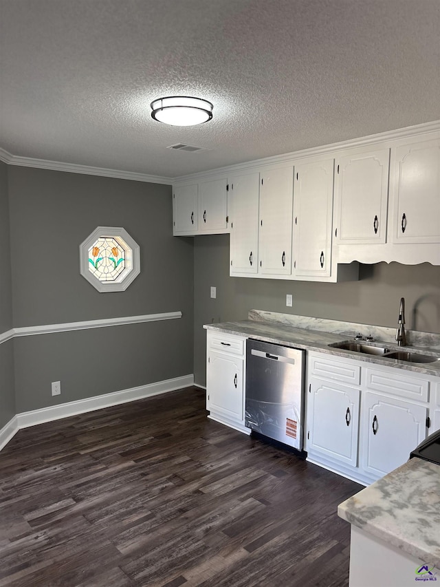 4211 Cyndy Jo Cir, Macon, GA 31216 - kitchen featuring stainless steel dishwasher, a sink, white cabinets, a textured ceiling, and dark wood-type flooring