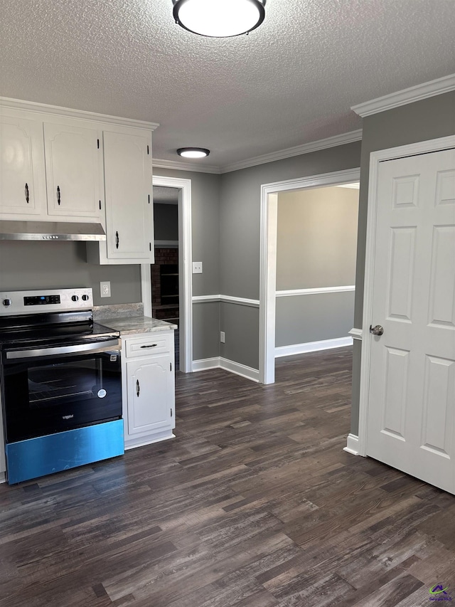 4211 Cyndy Jo Cir, Macon, GA 31216 - kitchen with stainless steel range with electric stovetop, under cabinet range hood, a textured ceiling, white cabinets, and crown molding