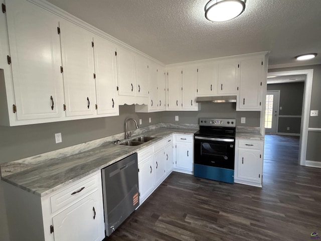 4211 Cyndy Jo Cir, Macon, GA 31216 - kitchen with electric range, stainless steel dishwasher, under cabinet range hood, a sink, and dark wood-type flooring