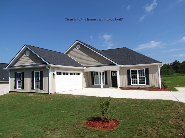view of front of property with a garage, a front lawn, and concrete driveway