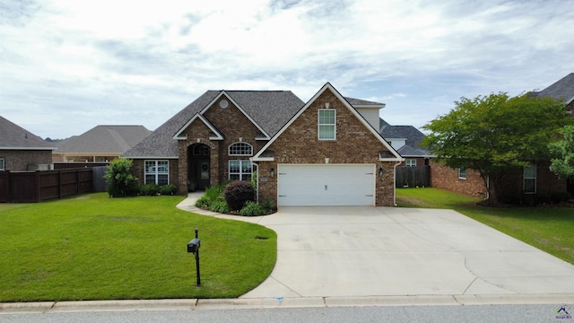 traditional home with brick siding, concrete driveway, a shingled roof, and an attached garage