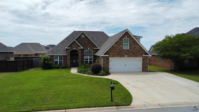 traditional-style home with brick siding, concrete driveway, a garage, and roof with shingles