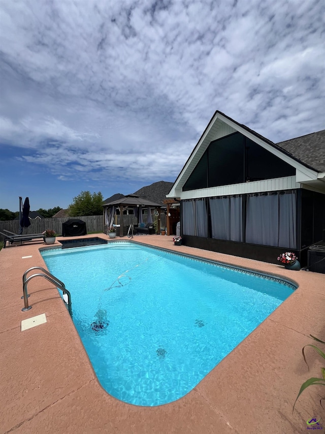 view of pool featuring fence and a patio