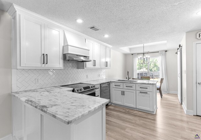 465 Pitts Rd, Hawkinsville, GA 31036 - kitchen with a peninsula, custom exhaust hood, appliances with stainless steel finishes, a textured ceiling, and a sink