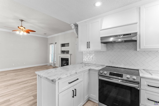 465 Pitts Rd, Hawkinsville, GA 31036 - kitchen featuring stainless steel range with electric stovetop, ornamental molding, ceiling fan, backsplash, and a textured ceiling
