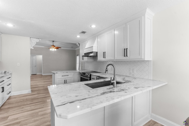 465 Pitts Rd, Hawkinsville, GA 31036 - kitchen with a peninsula, a sink, stainless steel range with electric cooktop, a textured ceiling, and light wood-style floors