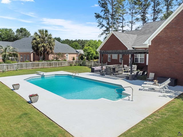 view of pool featuring a pergola, an outdoor hangout area, and a patio area