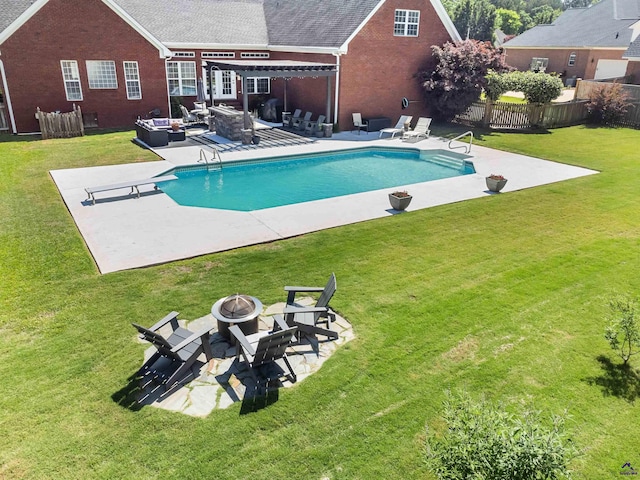 outdoor pool featuring an outdoor living space with a fire pit, a patio, a pergola, and a diving board