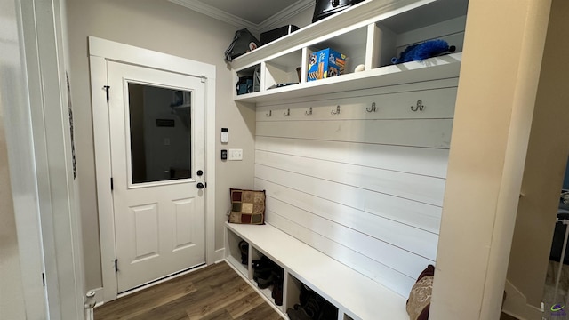 17 Creekside Trl, Forsyth, GA 31029 - mudroom with crown molding and dark wood-type flooring