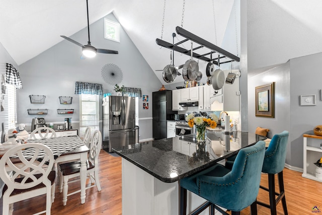 kitchen featuring appliances with stainless steel finishes, high vaulted ceiling, under cabinet range hood, a peninsula, and light wood-style floors