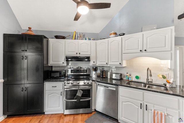 kitchen with stainless steel appliances, a sink, ceiling fan, vaulted ceiling, and tasteful backsplash
