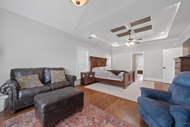 bedroom featuring ornamental molding, wood finished floors, baseboards, coffered ceiling, and ceiling fan