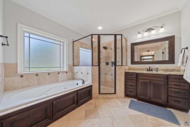 full bathroom with ornamental molding, a tub with jets, a shower stall, vanity, and recessed lighting