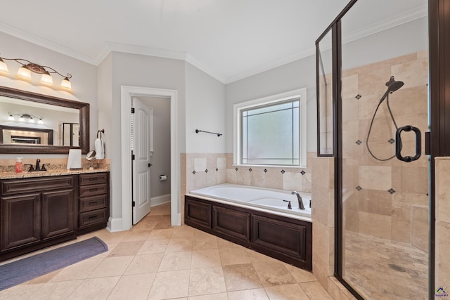 full bathroom with a shower stall, a bath, ornamental molding, vanity, and tile patterned flooring