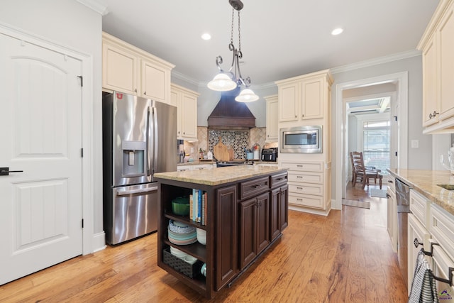 kitchen featuring stainless steel appliances, open shelves, dark brown cabinets, tasteful backsplash, and light stone countertops