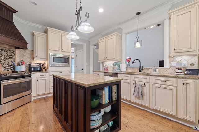 kitchen featuring open shelves, stainless steel appliances, ornamental molding, cream cabinetry, and backsplash