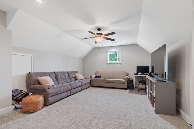 living area featuring carpet floors, vaulted ceiling, a ceiling fan, baseboards, and recessed lighting