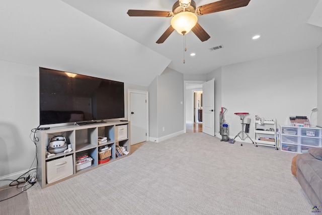 playroom featuring carpet flooring, baseboards, a ceiling fan, recessed lighting, and lofted ceiling