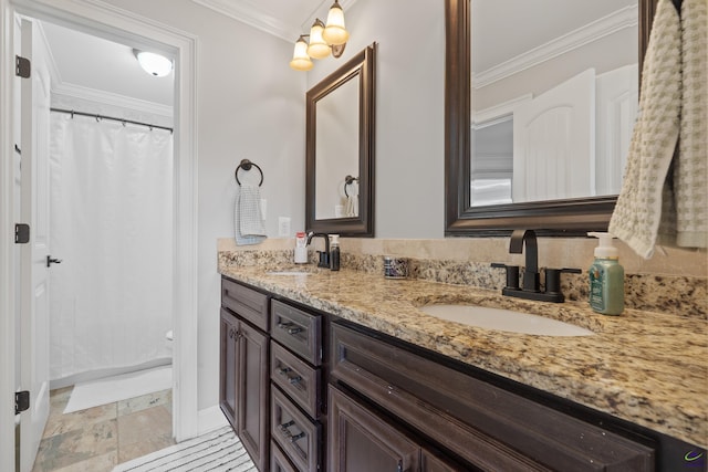 full bath featuring double vanity, ornamental molding, and a shower with curtain