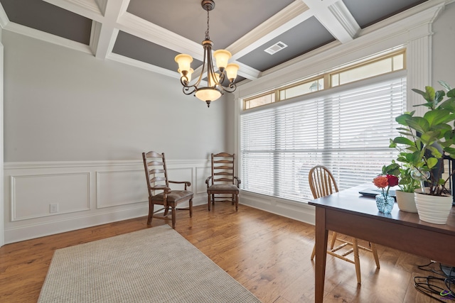 office area featuring coffered ceiling, a chandelier, plenty of natural light, beamed ceiling, and wainscoting