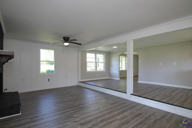 118 Wimberly Rd, Hawkinsville, GA 31036 - unfurnished living room featuring baseboards, dark wood-style floors, a ceiling fan, and ornamental molding