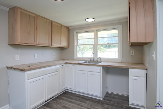 118 Wimberly Rd, Hawkinsville, GA 31036 - kitchen with a sink, crown molding, wood counters, dark wood-style floors, and white cabinetry