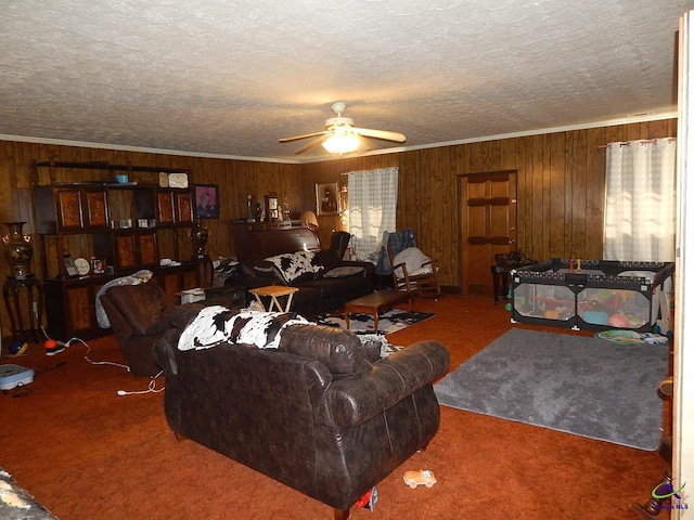 7085 US Highway 341 S, Roberta, GA 31078 - carpeted living area with a ceiling fan, wooden walls, and a textured ceiling