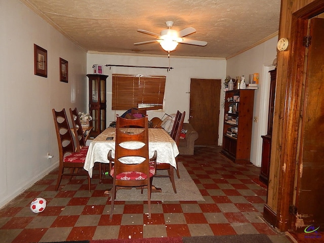 7085 US Highway 341 S, Roberta, GA 31078 - dining area with tile patterned floors, ceiling fan, a textured ceiling, and ornamental molding