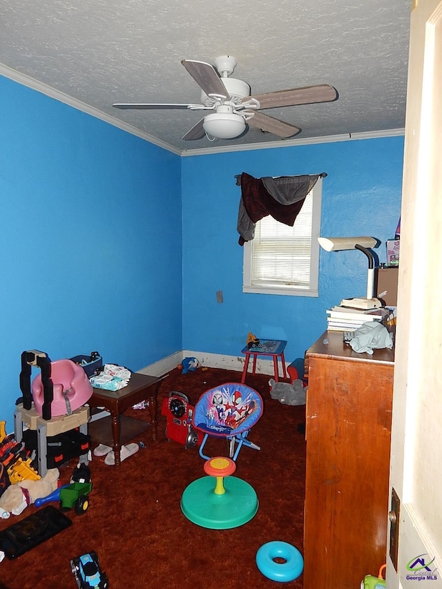 7085 US Highway 341 S, Roberta, GA 31078 - game room featuring a textured ceiling, carpet, ceiling fan, and ornamental molding