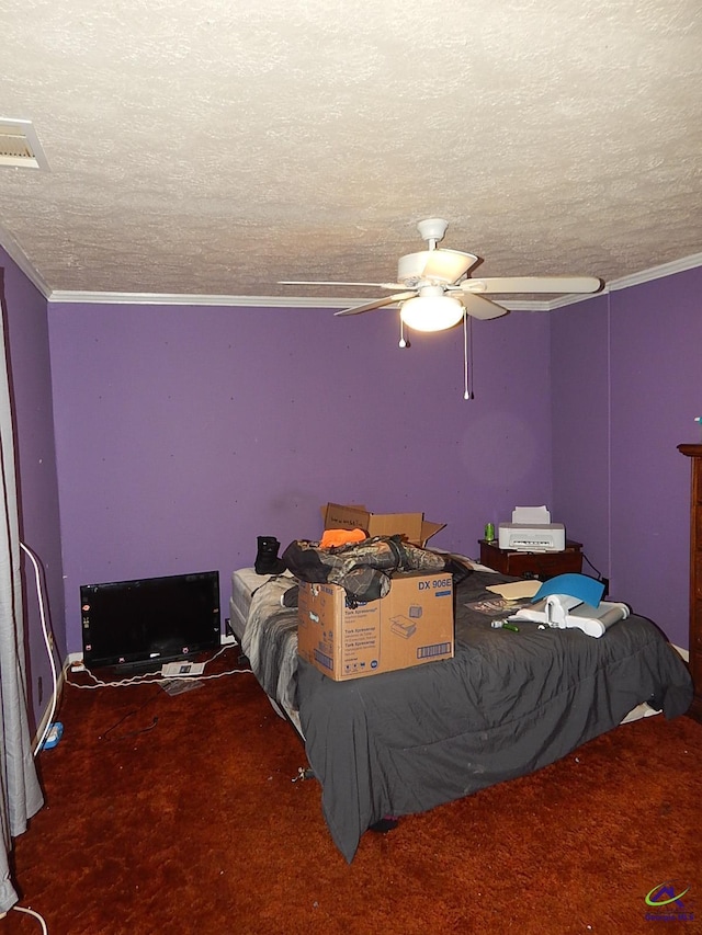 7085 US Highway 341 S, Roberta, GA 31078 - carpeted bedroom featuring ornamental molding, a textured ceiling, and a ceiling fan