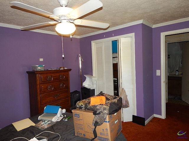 7085 US Highway 341 S, Roberta, GA 31078 - bedroom with a textured ceiling, carpet flooring, a closet, crown molding, and a ceiling fan