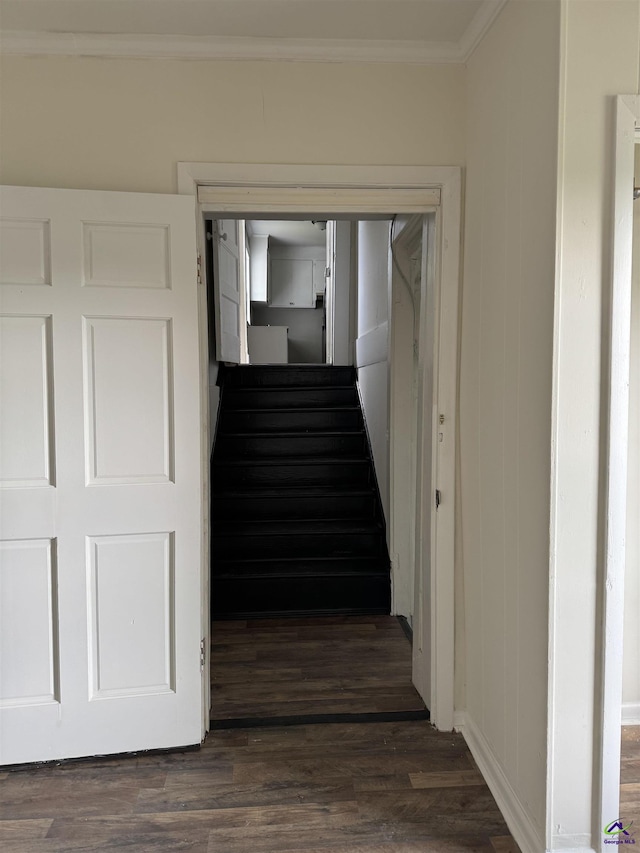 stairway with crown molding and wood finished floors