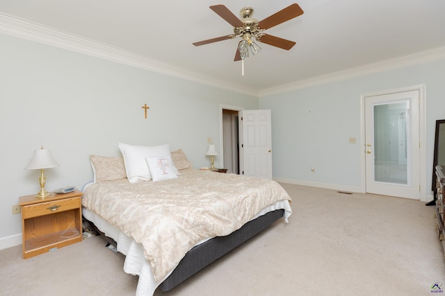 bedroom featuring crown molding, light colored carpet, baseboards, and a ceiling fan