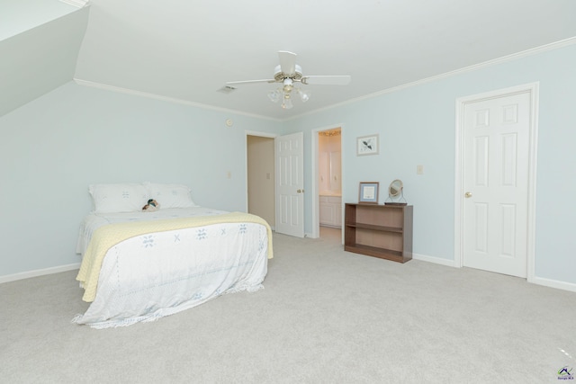bedroom featuring light carpet, crown molding, baseboards, and a ceiling fan