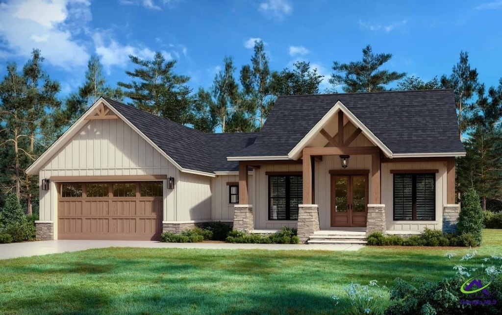 2115 Dublin Eastman Rd, Dexter, GA 31019 - view of front of property with stone siding, a garage, french doors, and roof with shingles