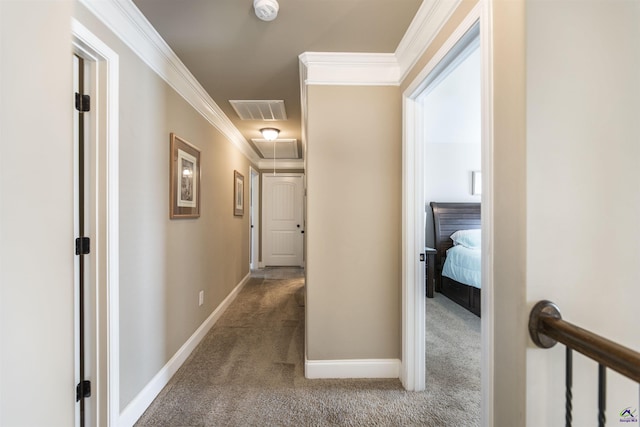 hallway with attic access, carpet floors, baseboards, and ornamental molding
