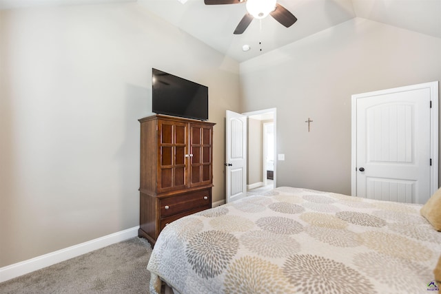 bedroom with high vaulted ceiling, carpet flooring, baseboards, and a ceiling fan
