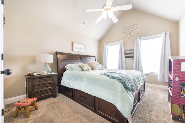 bedroom featuring lofted ceiling, light colored carpet, a ceiling fan, and baseboards