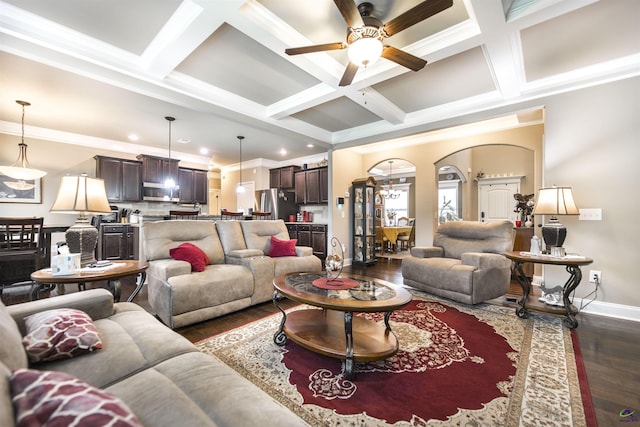 living room with coffered ceiling, baseboards, ceiling fan, dark wood-style floors, and recessed lighting