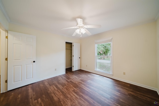 100 Cliff Pointe Pointe, Warner Robins, GA 31088 - unfurnished bedroom with dark wood-style floors, crown molding, baseboards, a closet, and ceiling fan