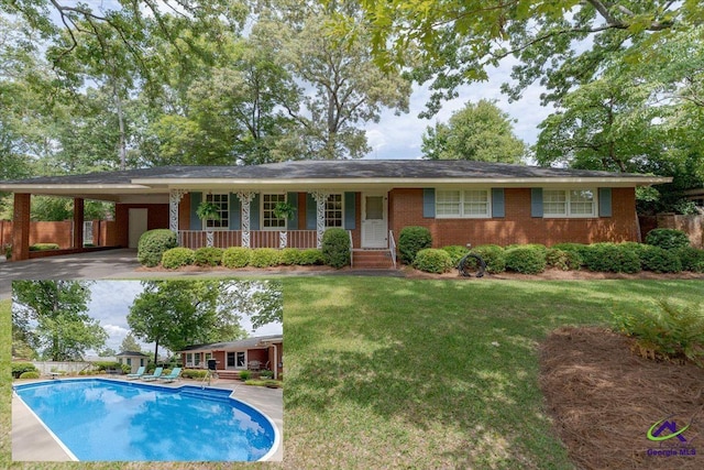 view of front of home with an outdoor pool, covered porch, brick siding, an attached carport, and asphalt driveway