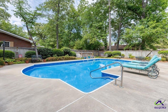 view of pool with a patio, a fenced backyard, and view of scattered trees