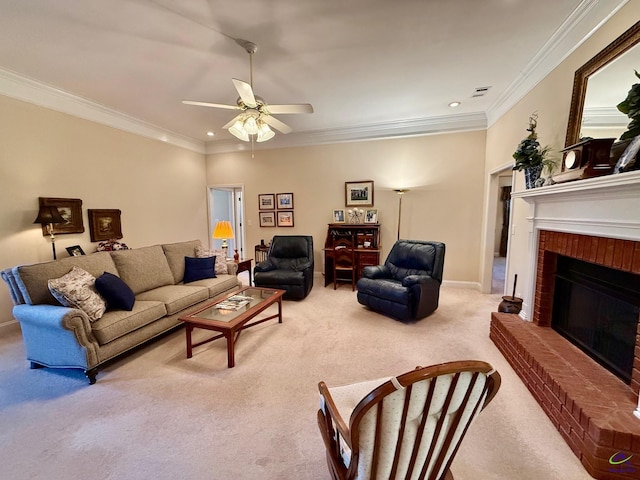 carpeted living room featuring ceiling fan, ornamental molding, a brick fireplace, recessed lighting, and baseboards