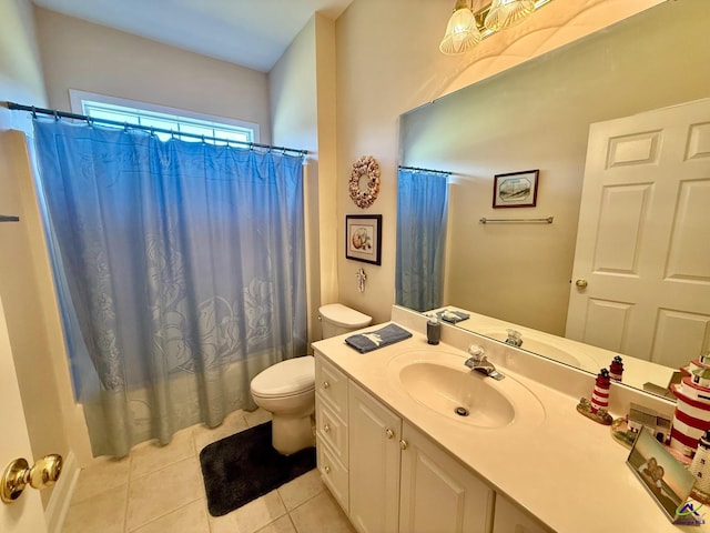 full bathroom with tile patterned floors, toilet, vanity, and a shower with curtain