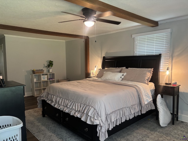 174 Cabero Rd, Hawkinsville, GA 31036 - bedroom featuring crown molding, baseboards, a ceiling fan, and beam ceiling