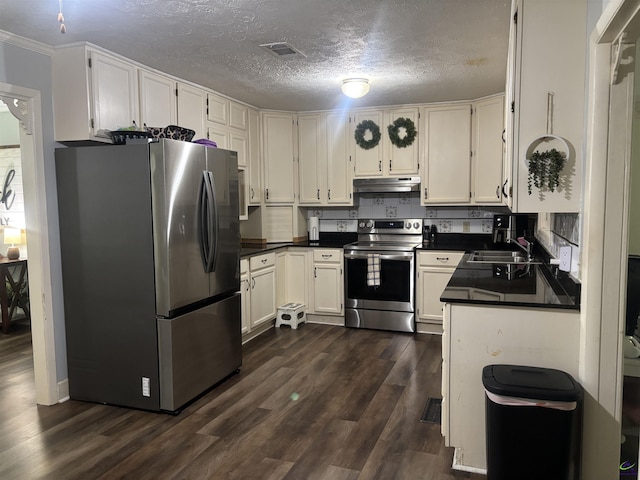 174 Cabero Rd, Hawkinsville, GA 31036 - kitchen featuring stainless steel appliances, dark countertops, under cabinet range hood, dark wood-style flooring, and a sink