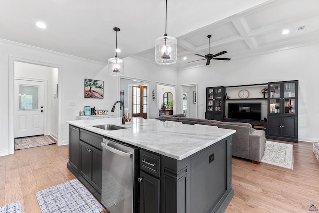 kitchen with a sink, stainless steel dishwasher, coffered ceiling, light wood-style floors, and ornamental molding