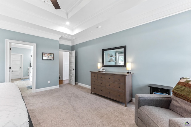 bedroom with crown molding, carpet floors, baseboards, a raised ceiling, and recessed lighting