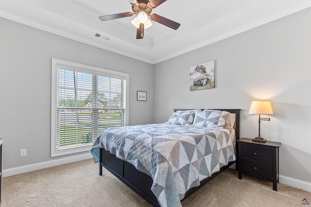 bedroom with multiple windows, a tray ceiling, carpet flooring, ornamental molding, and baseboards