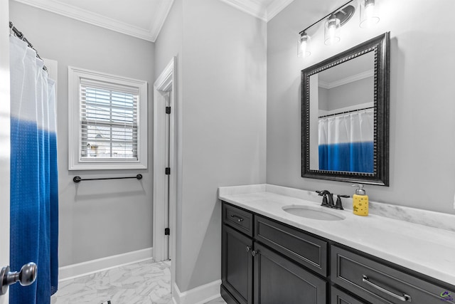 full bathroom featuring marble finish floors, vanity, ornamental molding, and baseboards